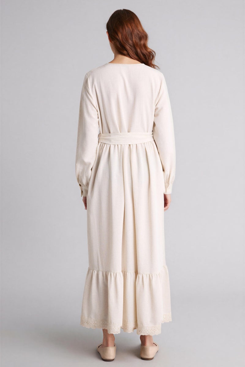 DeFacto Beige Woman V-Neck Linen Blended Balloon Sleeves Dress Casual - Image 5