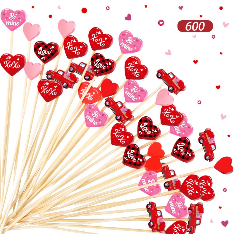 Maxcheck 600 Pcs Valentine's Day Cocktail Picks 4.7" Assorted Red Pink Hearts and Truck Fancy Toothpicks for Appetizers Bamboo Food Skewers for Appetizers Fruit Sticks for Party Decoration - Image 1