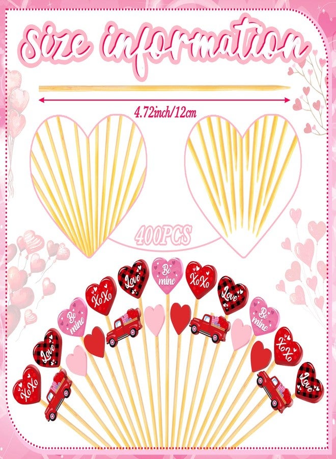 Maxcheck 600 Pcs Valentine's Day Cocktail Picks 4.7" Assorted Red Pink Hearts and Truck Fancy Toothpicks for Appetizers Bamboo Food Skewers for Appetizers Fruit Sticks for Party Decoration - Image 2