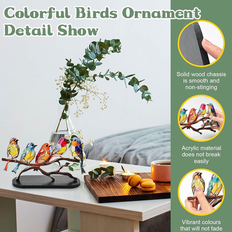 Stained Glass Birds on Branch Desktop Ornaments,Metal Vivid Craft Desktop Ornaments for Home Office Decor,Bird Series Metal Decorations, Gift for Housewarming Decor and Bird Lover (5 Birds) - Image 4