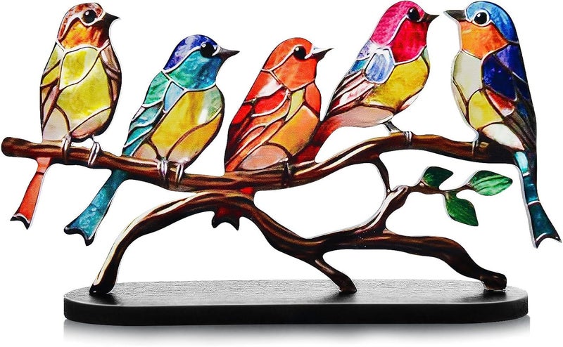 Stained Glass Birds on Branch Desktop Ornaments,Metal Vivid Craft Desktop Ornaments for Home Office Decor,Bird Series Metal Decorations, Gift for Housewarming Decor and Bird Lover (5 Birds) - Image 1