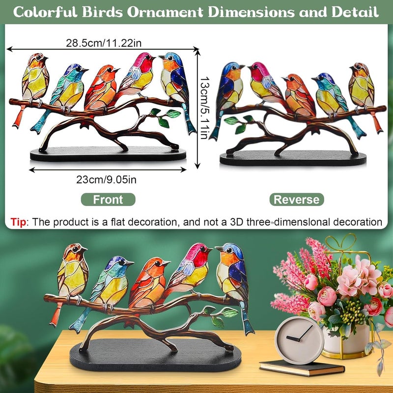 Stained Glass Birds on Branch Desktop Ornaments,Metal Vivid Craft Desktop Ornaments for Home Office Decor,Bird Series Metal Decorations, Gift for Housewarming Decor and Bird Lover (5 Birds) - Image 5