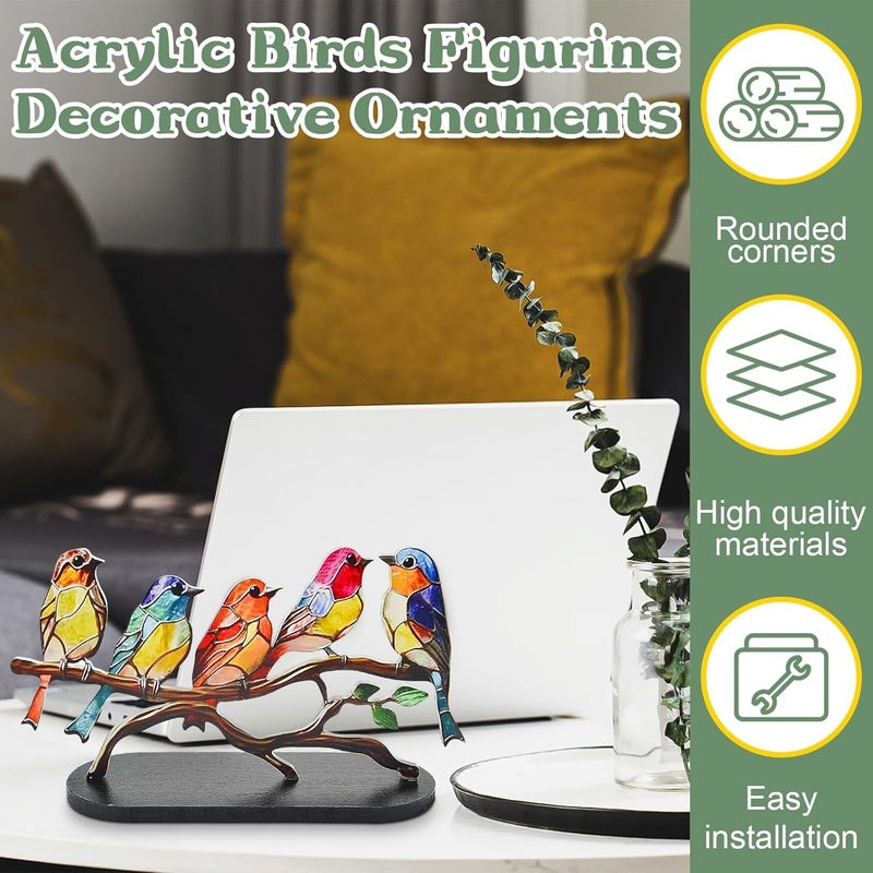 Stained Glass Birds on Branch Desktop Ornaments,Metal Vivid Craft Desktop Ornaments for Home Office Decor,Bird Series Metal Decorations, Gift for Housewarming Decor and Bird Lover (5 Birds) - Image 2