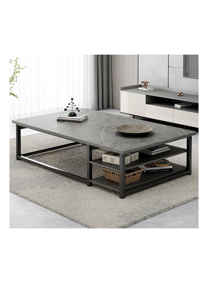 Modern Rectangular Coffee Table with Storage Shelf – Grey Stone Finish, 100 x 50 cm - Image 1