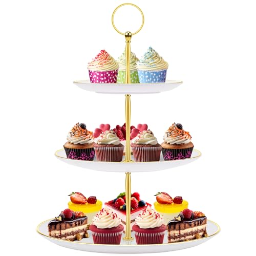 PinCute Cupcake Stand Holder - 3 Tier Cup Cake Dessert Tower, Plastic Tiered Serving Tray&Metal Rod for Birthday Party, Baby Shower and More - Image 1