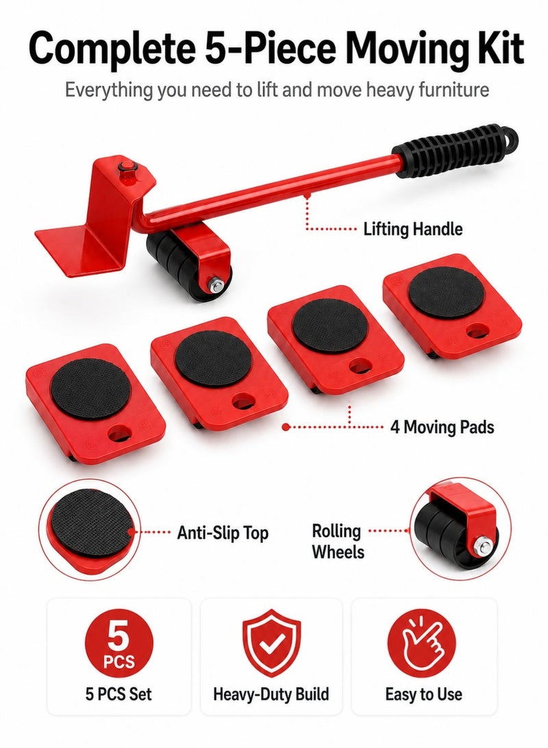 Leoxol Furniture Lifter Mover Tool 149.69kg | Heavy Duty Appliance Moving Roller Set | Alloy Steel Furniture Slider Kit With 4 Pads And Handle For Sofa Fridge Cabinet Red - Image 2