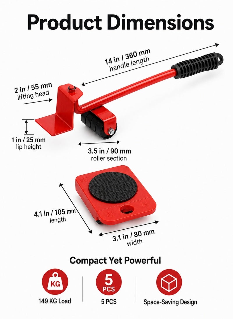 Leoxol Furniture Lifter Mover Tool 149.69kg | Heavy Duty Appliance Moving Roller Set | Alloy Steel Furniture Slider Kit With 4 Pads And Handle For Sofa Fridge Cabinet Red - Image 3