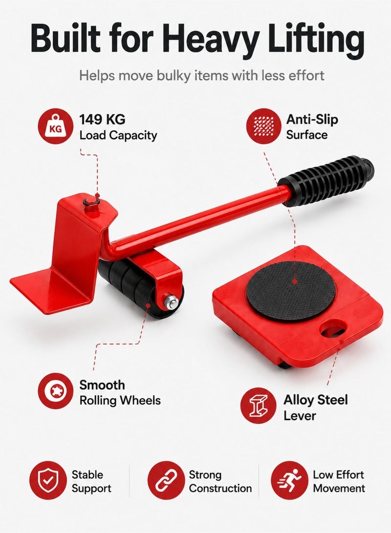Leoxol Furniture Lifter Mover Tool 149.69kg | Heavy Duty Appliance Moving Roller Set | Alloy Steel Furniture Slider Kit With 4 Pads And Handle For Sofa Fridge Cabinet Red - Image 5