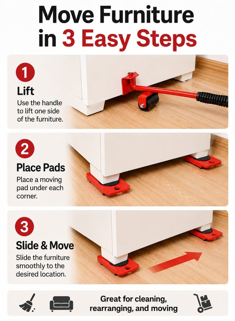 Leoxol Furniture Lifter Mover Tool 149.69kg | Heavy Duty Appliance Moving Roller Set | Alloy Steel Furniture Slider Kit With 4 Pads And Handle For Sofa Fridge Cabinet Red - Image 4