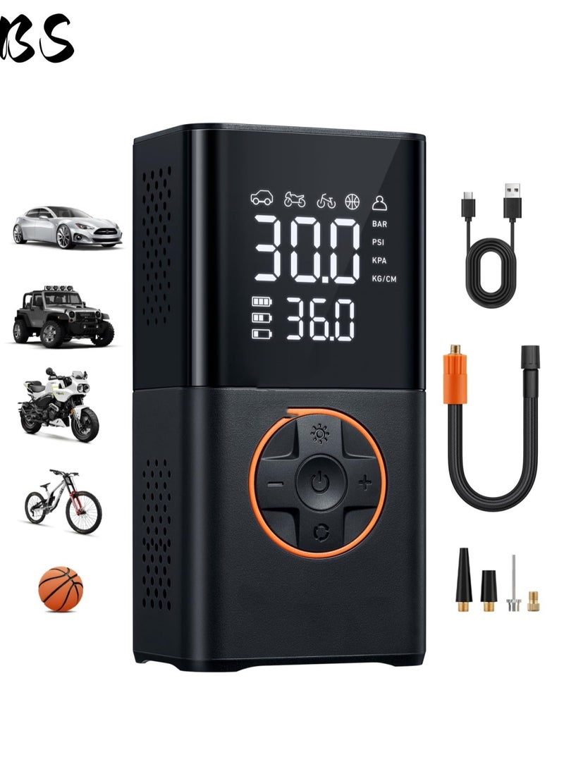 BS Air compressor tire inflator (4 nozzles) | Portable cordless bicycle pump | with digital dual-value display | 150 PSI car tire pump with LED light | Suitable for cars, motorcycles, bicycles, balls, inflatable mattresses, pool floats, and vacuum bags. - Image 1