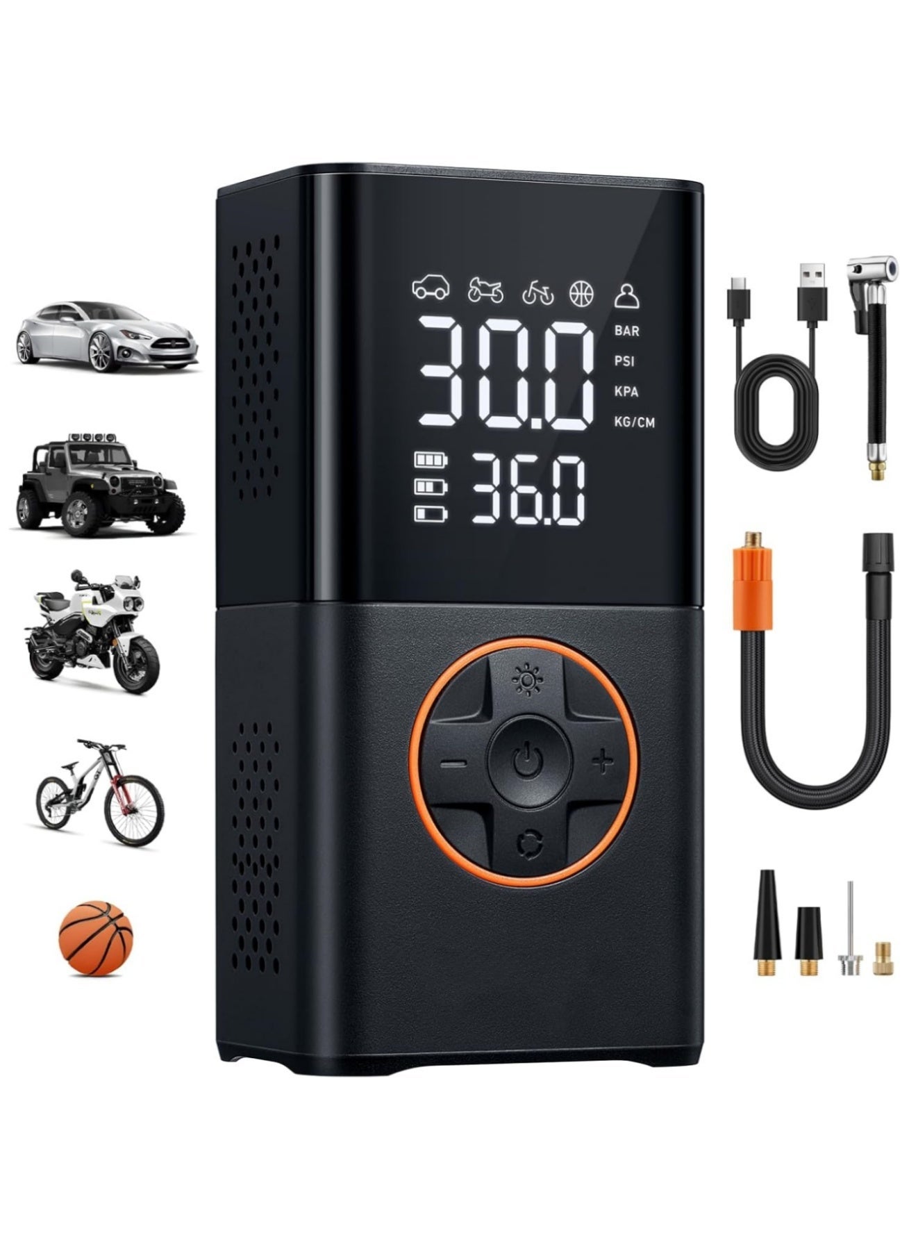 Emergency Supplies | Emergency Air Pump|Air compressor tire inflator (4 nozzles) |car tire inflator| digital tire inflator | Portable cordless bicycle pump | with digital dual-value display | 150 PSI car tire pump with LED light | Suitable for cars, motorcycles, bicycles, balls, inflatable mattresses, pool floats, and vacuum bags.