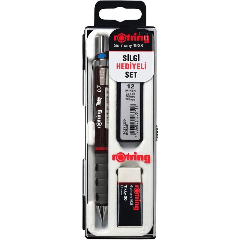 rOtring Tikky Mechanical Pencil Set, HB 0.7 mm, Burgundy, Includes 12 Leads and Eraser - Image 1
