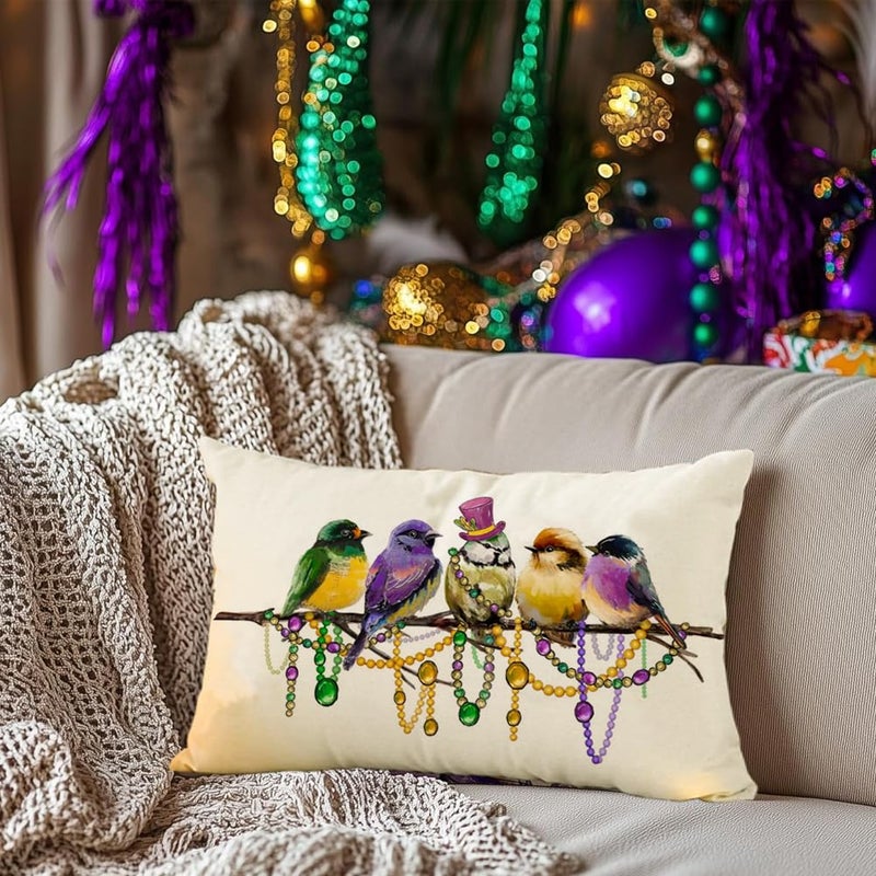 RABUSOFA Mardi Gras Pillow Cover 12x20 Inch Birds Beads Decorative Pillow Case Holiday Decorations for Home Sofa Couch - Image 5