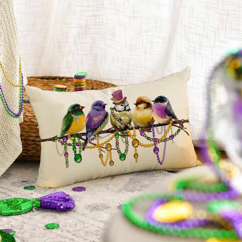 RABUSOFA Mardi Gras Pillow Cover 12x20 Inch Birds Beads Decorative Pillow Case Holiday Decorations for Home Sofa Couch - Image 3