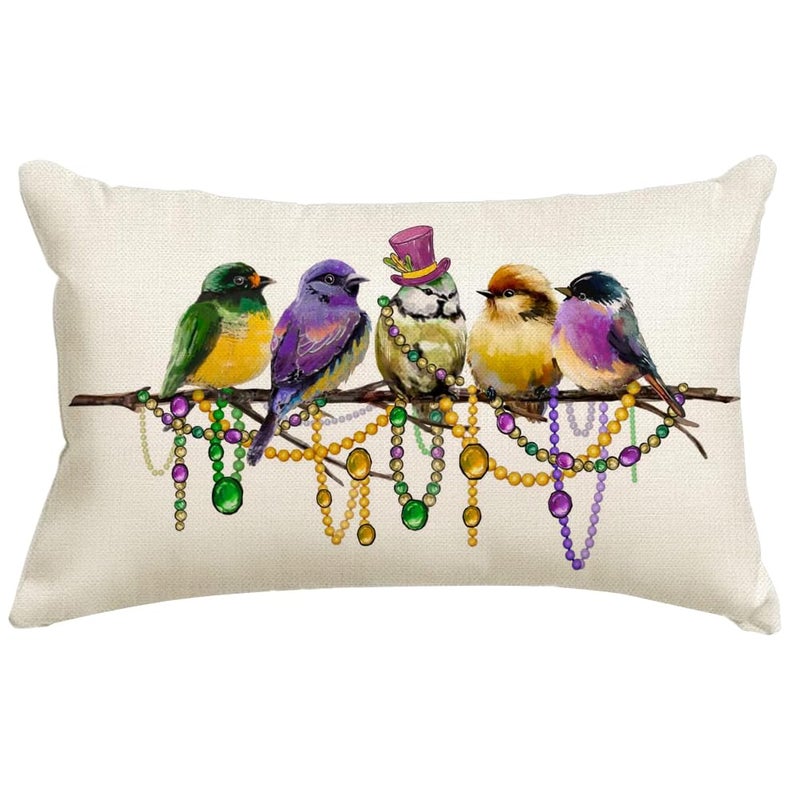 RABUSOFA Mardi Gras Pillow Cover 12x20 Inch Birds Beads Decorative Pillow Case Holiday Decorations for Home Sofa Couch - Image 1
