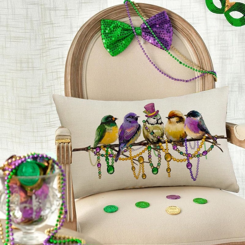 RABUSOFA Mardi Gras Pillow Cover 12x20 Inch Birds Beads Decorative Pillow Case Holiday Decorations for Home Sofa Couch - Image 2