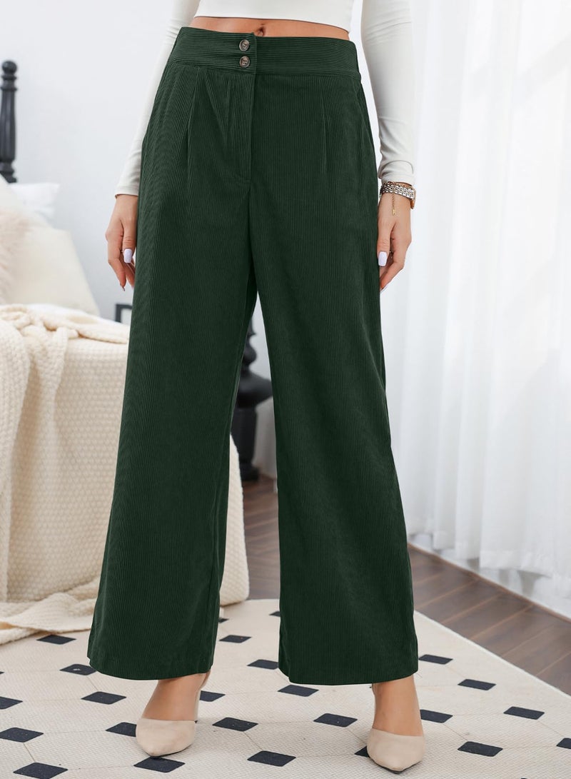 Sidefeel Wide Leg Pants for Women Casual Fall High Waisted Button Stretchy Loose Fit Corduroy Pants with Pockets Dark Green 2XL - Image 5
