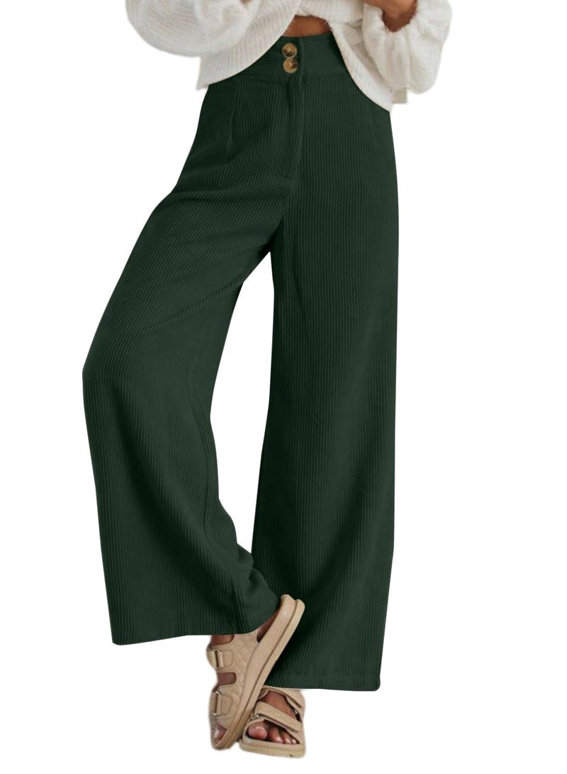 Sidefeel Wide Leg Pants for Women Casual Fall High Waisted Button Stretchy Loose Fit Corduroy Pants with Pockets Dark Green 2XL - Image 1