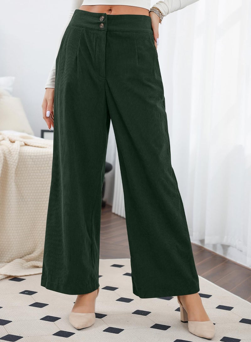 Sidefeel Wide Leg Pants for Women Casual Fall High Waisted Button Stretchy Loose Fit Corduroy Pants with Pockets Dark Green 2XL - Image 3