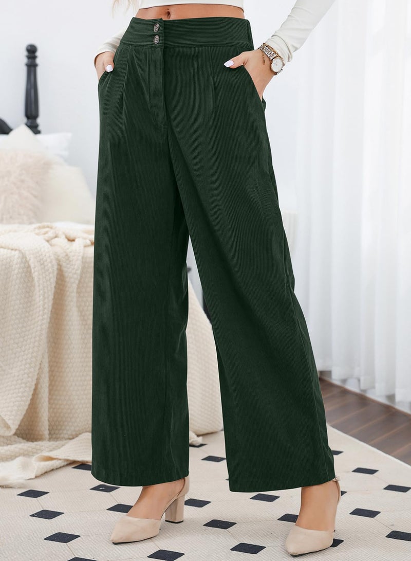 Sidefeel Wide Leg Pants for Women Casual Fall High Waisted Button Stretchy Loose Fit Corduroy Pants with Pockets Dark Green 2XL - Image 4