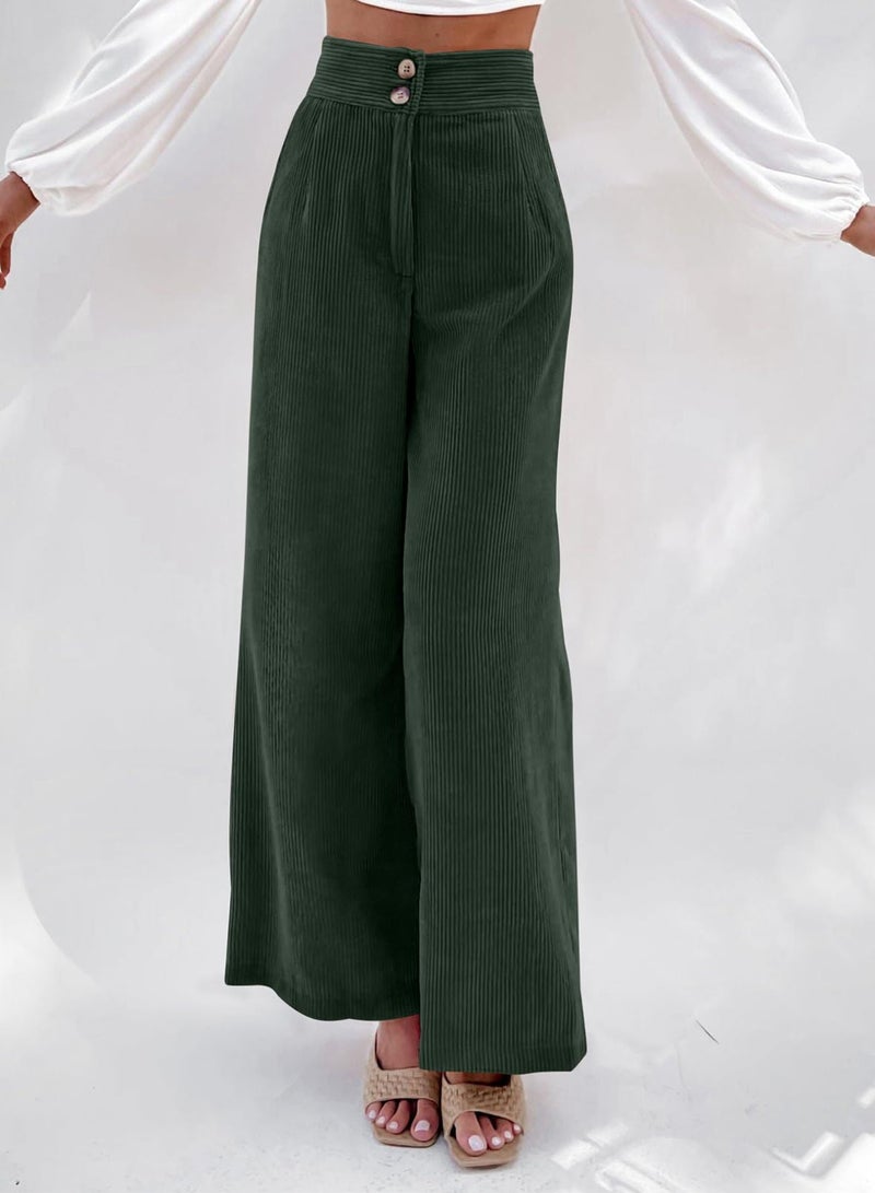 Sidefeel Wide Leg Pants for Women Casual Fall High Waisted Button Stretchy Loose Fit Corduroy Pants with Pockets Dark Green 2XL - Image 2