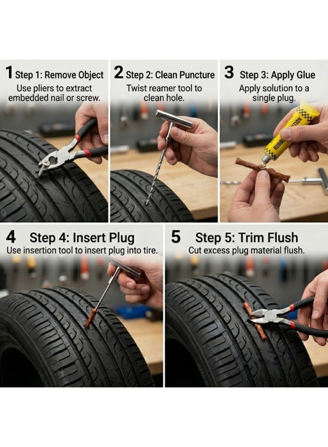 4-Piece Tubeless Tire Puncture Repair Kit, Heavy Duty Tire Plug Tool Set for Car, Bike & Motorcycle, Emergency Flat Tire Fix Kit, Portable & Easy to Use. Pack of 3 - Image 4