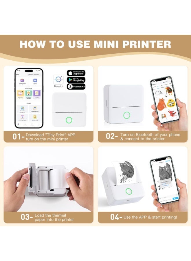 AiQi Thermal Inkless Mini Printer Bluetooth Portable Mobile Sticker Printer with 10 Paper Rolls for Notes DIY Everyday Use Compatible with iOS Android White - Image 5