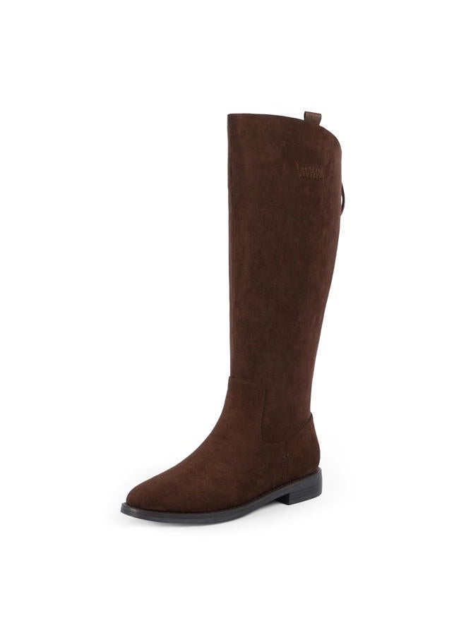 Modatope Knee High Boots Women Rounded Toe Flat Retro Bais Opening Low Chunky Heel Riding Boots, A-suedechocolate, 11 - Image 1