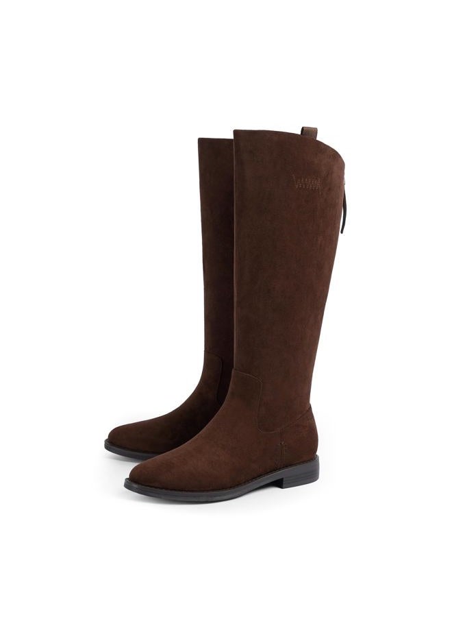 Modatope Knee High Boots Women Rounded Toe Flat Retro Bais Opening Low Chunky Heel Riding Boots, A-suedechocolate, 11 - Image 5