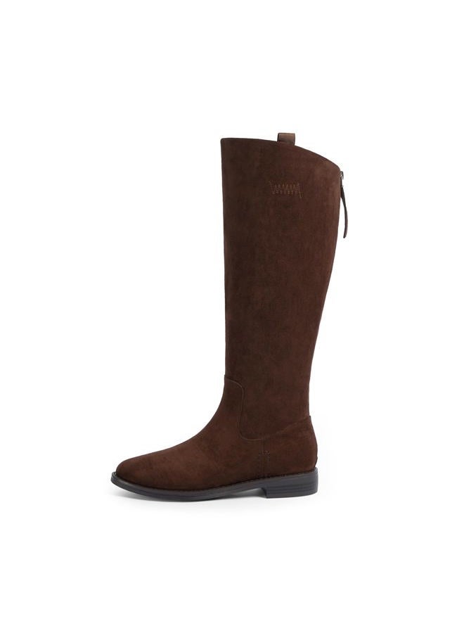 Modatope Knee High Boots Women Rounded Toe Flat Retro Bais Opening Low Chunky Heel Riding Boots, A-suedechocolate, 11 - Image 4