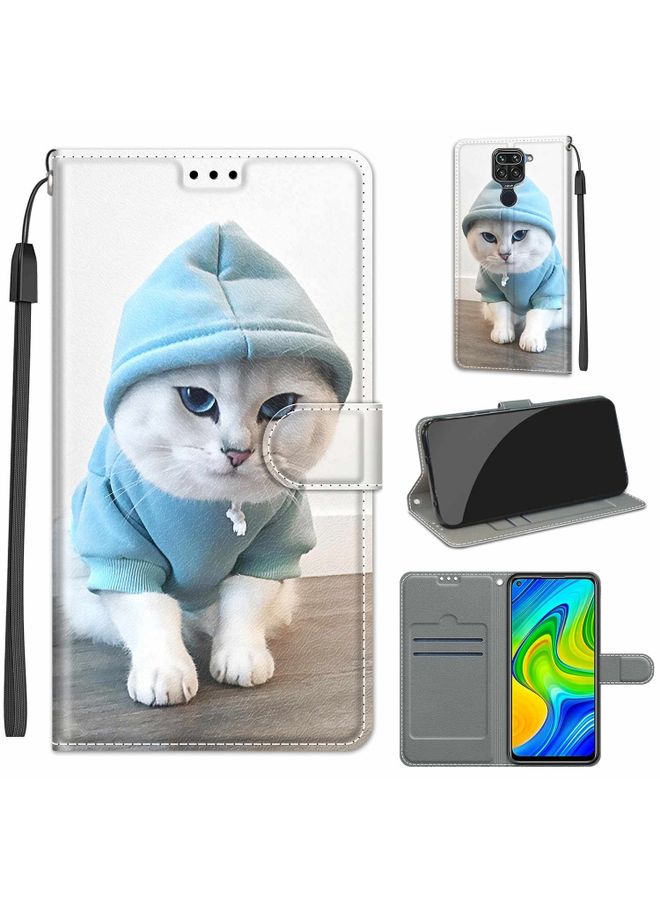 HuHa Case Cover For Xiaomi Redmi Note 9/Redmi 10X 4G Voltage Coloured Drawing Magnetic Clasp Horizontal Flip PU Leather Case with Holder & Card Slots C15 Blue Sweater White Cat