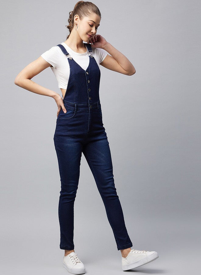 StyleStone Women Navy Blue Solid Slim Fit Denim Dungarees - Image 3