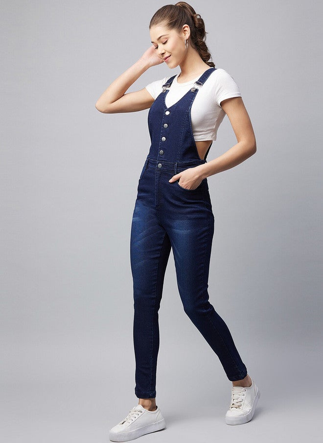 StyleStone Women Navy Blue Solid Slim Fit Denim Dungarees - Image 5