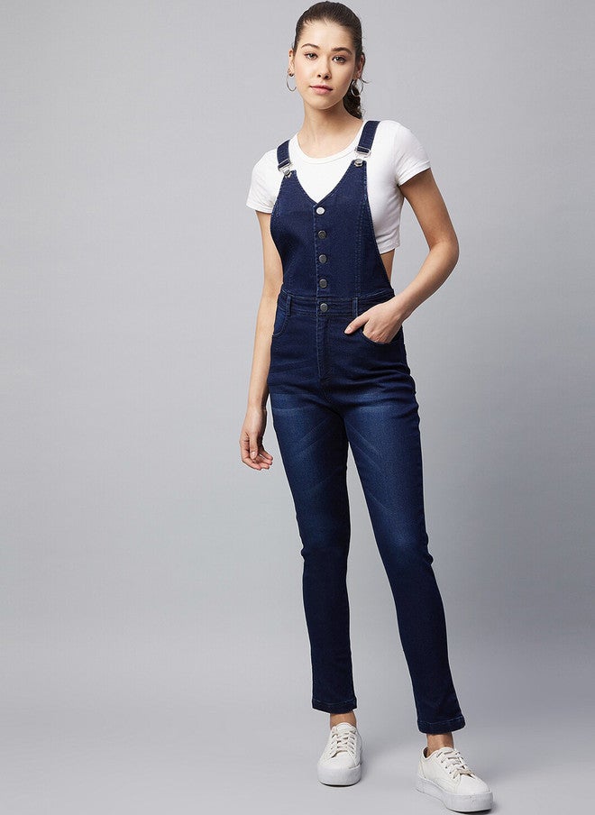 StyleStone Women Navy Blue Solid Slim Fit Denim Dungarees - Image 1