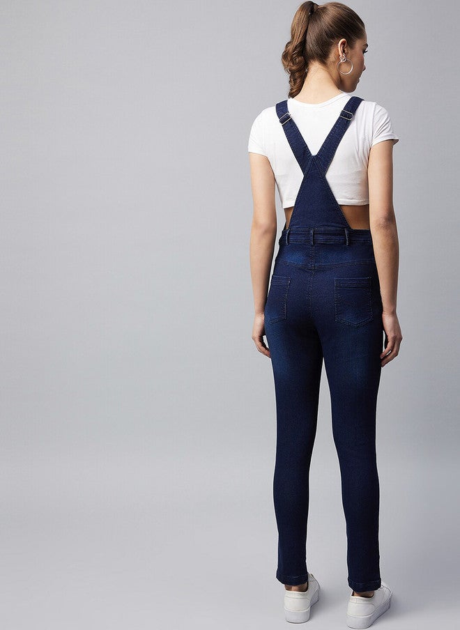 StyleStone Women Navy Blue Solid Slim Fit Denim Dungarees - Image 4
