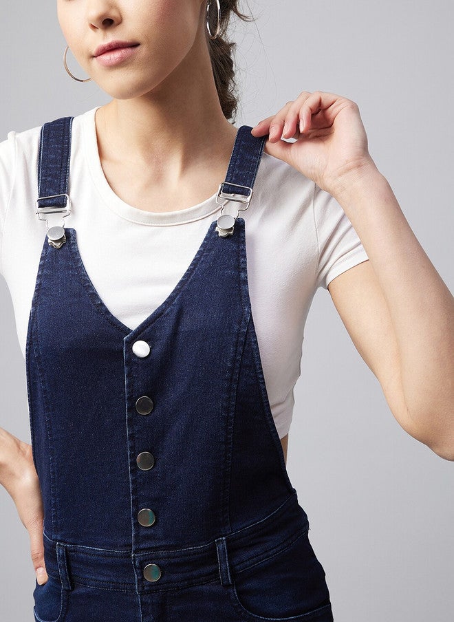 StyleStone Women Navy Blue Solid Slim Fit Denim Dungarees - Image 2