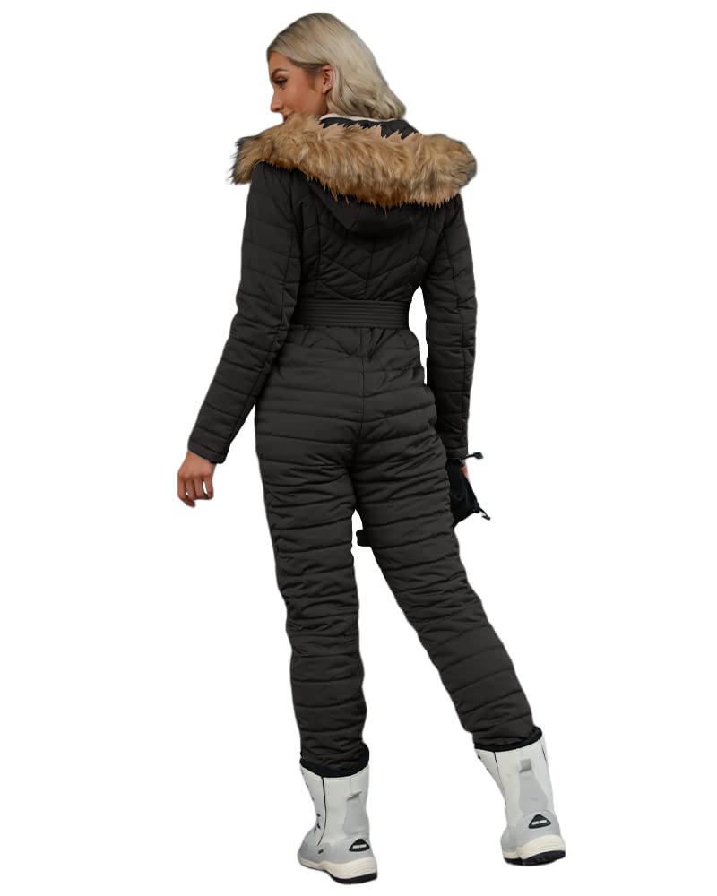 Cicy Bell Womens One Piece Ski Suits Winter Outdoor Sports Jumpsuit Fur Collar Coat Windproof Waterproof Hooded Snowsuit (Black, X-Large) - Image 2