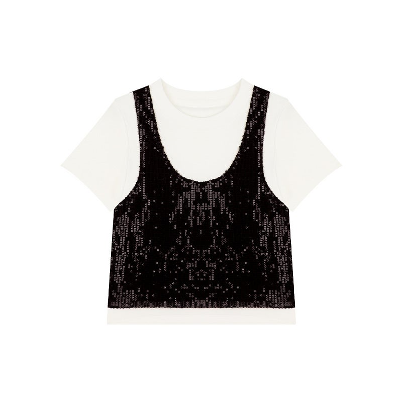 Amybaby Girl'S Top Spring Slim-Fit Design Sense Sequin Stitching Fake Two-Piece Short-Sleeved T-Shirt - Image 1