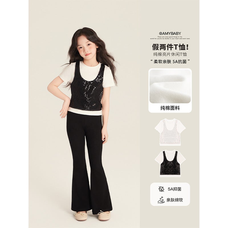 Amybaby Girl'S Top Spring Slim-Fit Design Sense Sequin Stitching Fake Two-Piece Short-Sleeved T-Shirt - Image 2