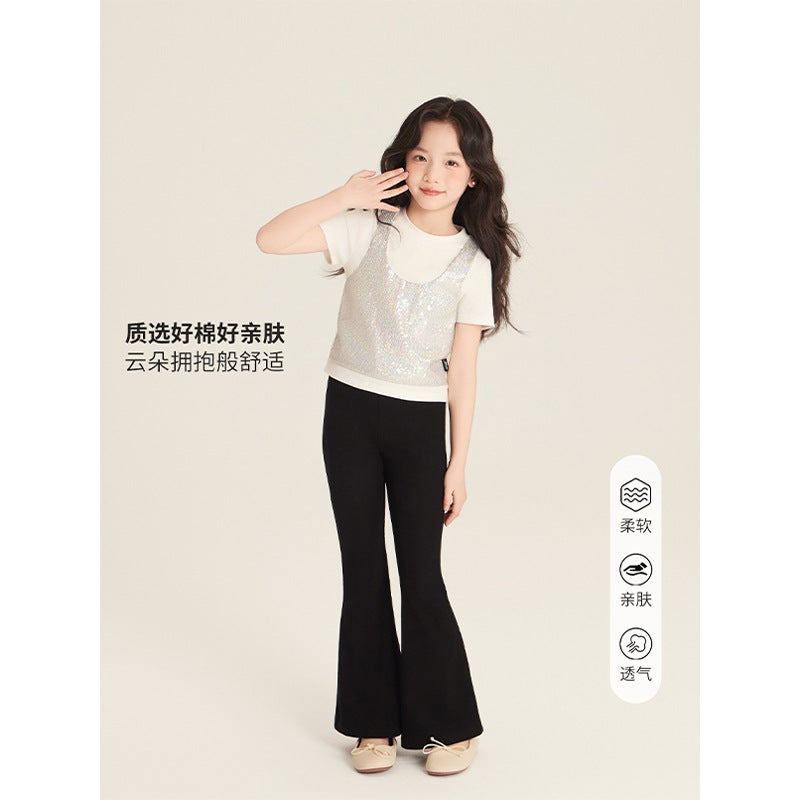 Amybaby Girl'S Top Spring Slim-Fit Design Sense Sequin Stitching Fake Two-Piece Short-Sleeved T-Shirt - Image 5