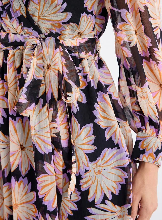 Styli Floral Print Balloon Sleeve A-Line Maxi Dress