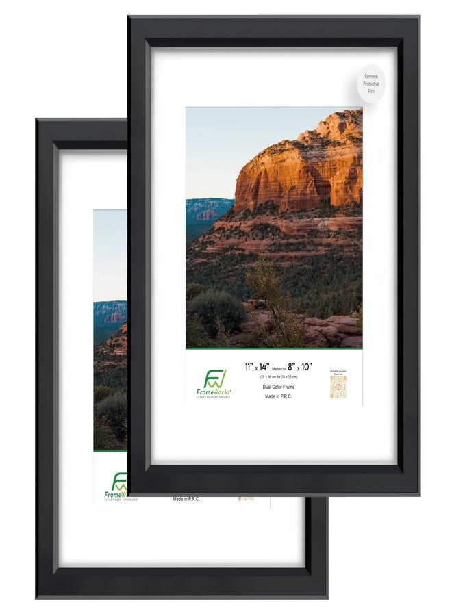 FrameWorks 2-Pack 1 3/8" Thick Black Wooden Shadow Box Picture Frames 11” x 14” with Removable White Mat to 8" x 10" Photo - Image 1
