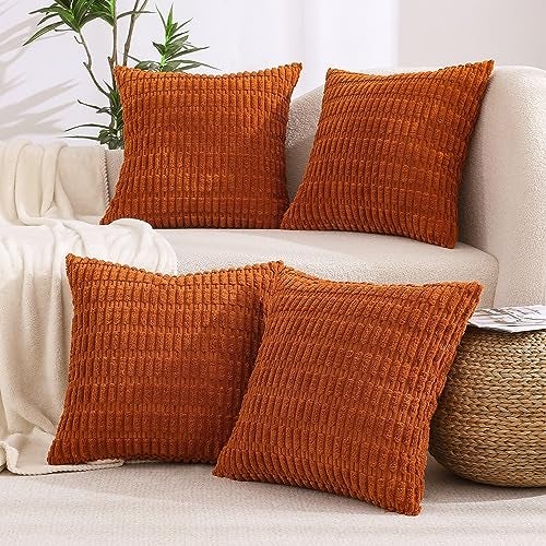 All Smiles Fall Decorative Throw Pillow Covers 18x18 Set of 4 Rust Thanksgiving Halloween Farmhouse Home Corduroy Square Cushion Case for Decor Living Room Couch Bed Sofa,Boho Terracotta Orange - Image 5
