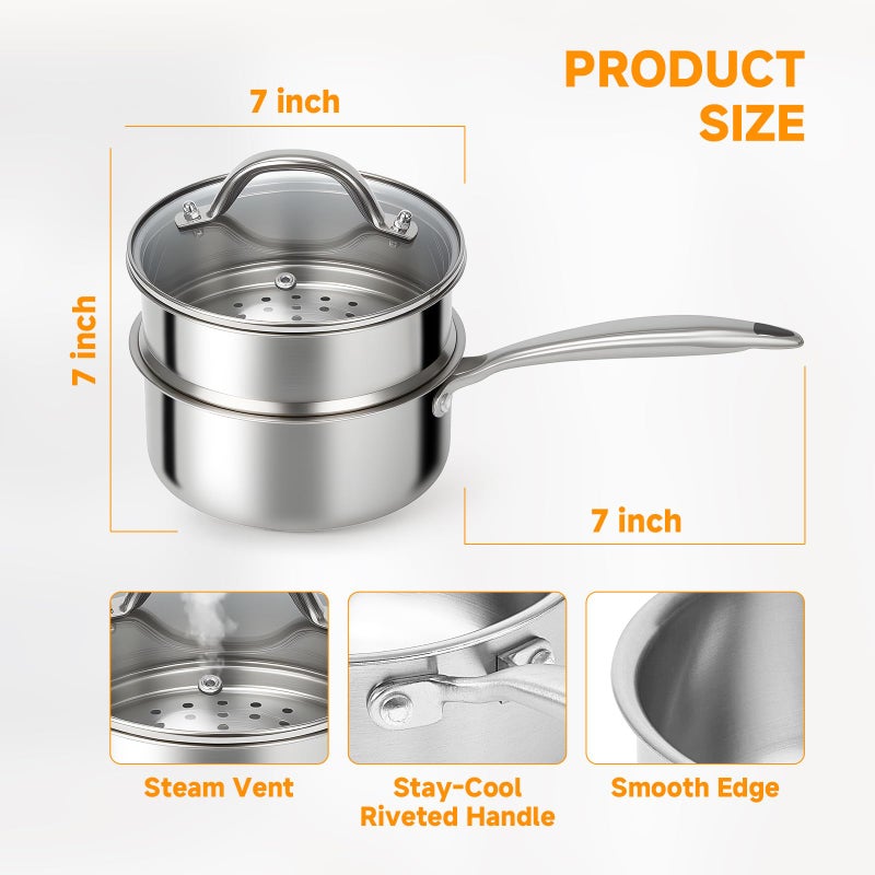Ohtomber Stainless Steel Sauce Pan - Tri-Ply 1.5 Quarts Steamer for Cooking, Small Cooking Pot with Steamer Basket, Sauce Pan with Lid, Non Stick Saucepan, Induction Steam Pot for Vegetable, Oatmeal - Image 5