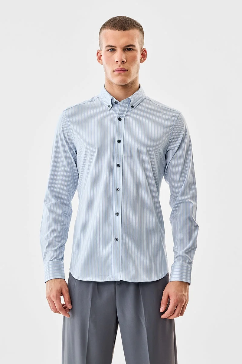 SNITCH Light Blue Striped Long Sleeve Slim Fit Formal Luxe Shirt