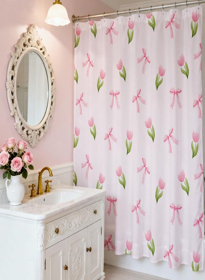 Mocsicka Pink Floral Shower Curtain for Bathroom Cute Flowers Bow Shower Curtain for Pink Bathroom Deocr Waterproof Fabric Cute Girls Dorm Decor Bath Curtain 72 X 72 Inch - Image 2