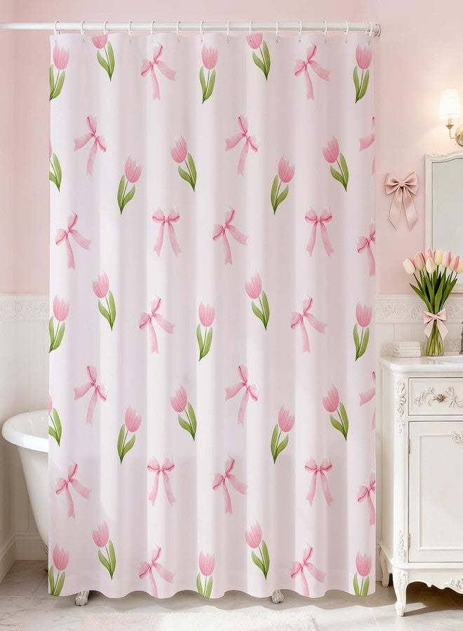 Mocsicka Pink Floral Shower Curtain for Bathroom Cute Flowers Bow Shower Curtain for Pink Bathroom Deocr Waterproof Fabric Cute Girls Dorm Decor Bath Curtain 72 X 72 Inch - Image 1