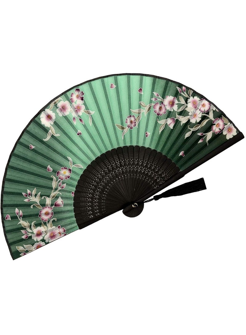 Captaintech Small Folding Hand Fan Vintage Bamboo Silk Fans Charming Elegant Modern Woman Handmade for Dance Performance Decoration Wedding Party Gift Redbud Green - Image 1