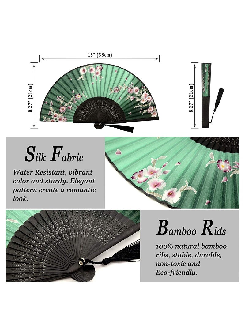 Captaintech Small Folding Hand Fan Vintage Bamboo Silk Fans Charming Elegant Modern Woman Handmade for Dance Performance Decoration Wedding Party Gift Redbud Green - Image 3