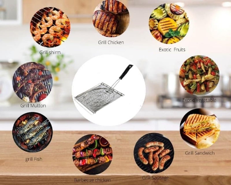 Snevad Snevad Stainless Steel Roasting Roti Jali BBQ Toaster White With Foldable Handle Outdoor BBQ Accessories Cooking Rack BBQ Grill Square Barbecue Rack for Vegetables French Fries 20x20x25 CM  - Image 4